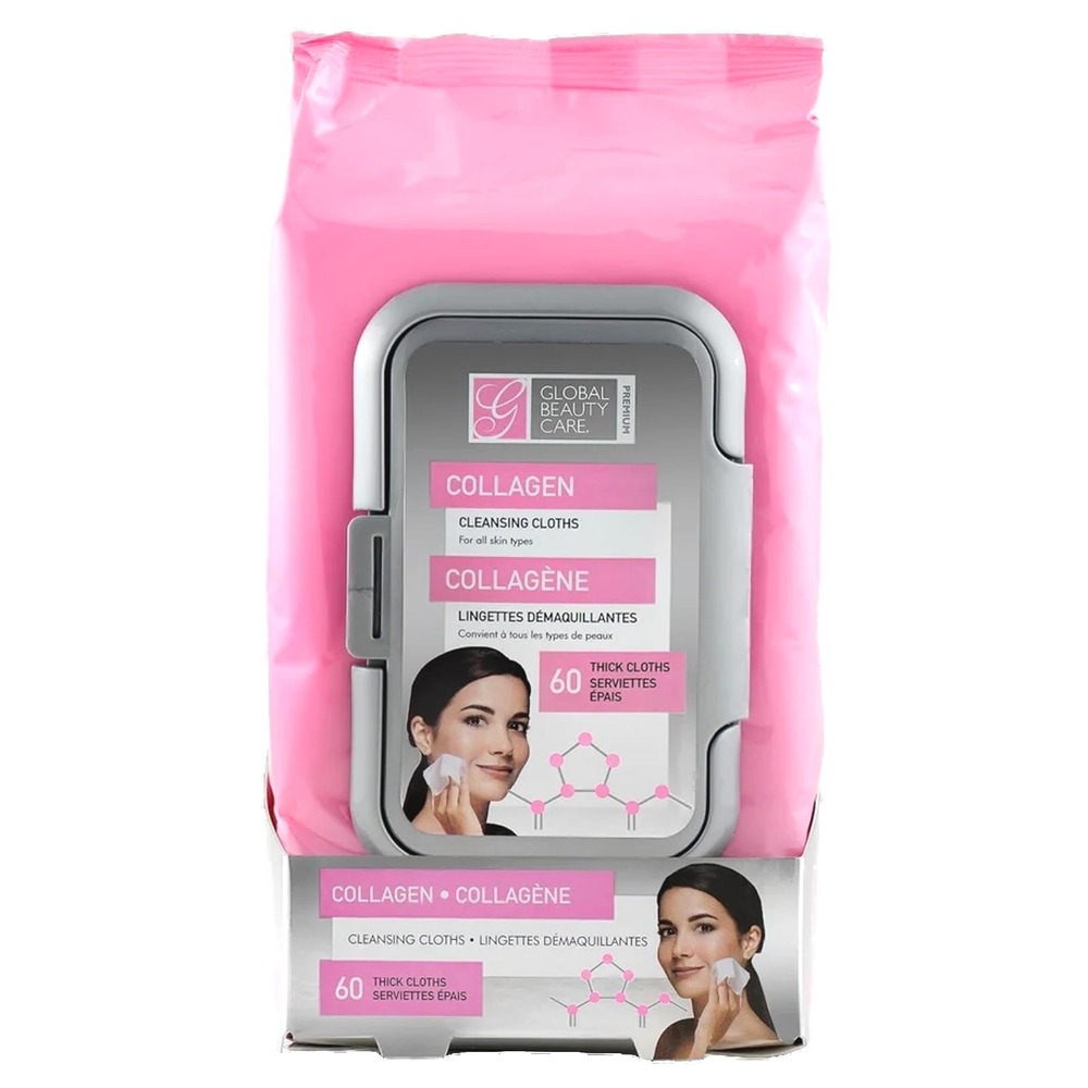 Global Beauty Care Collagen Cleansing Cloths 60 Count Face Wipes Anti-Aging Pink